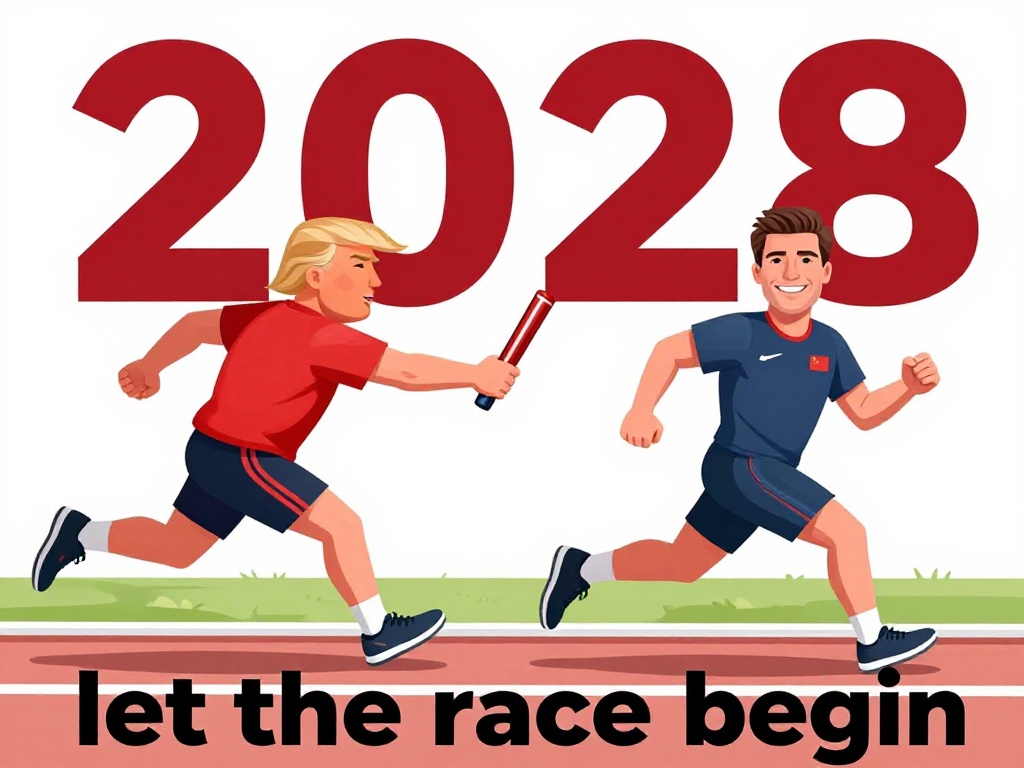 Two runners racing beneath a bold 2028 graphic, representing the campaign theme